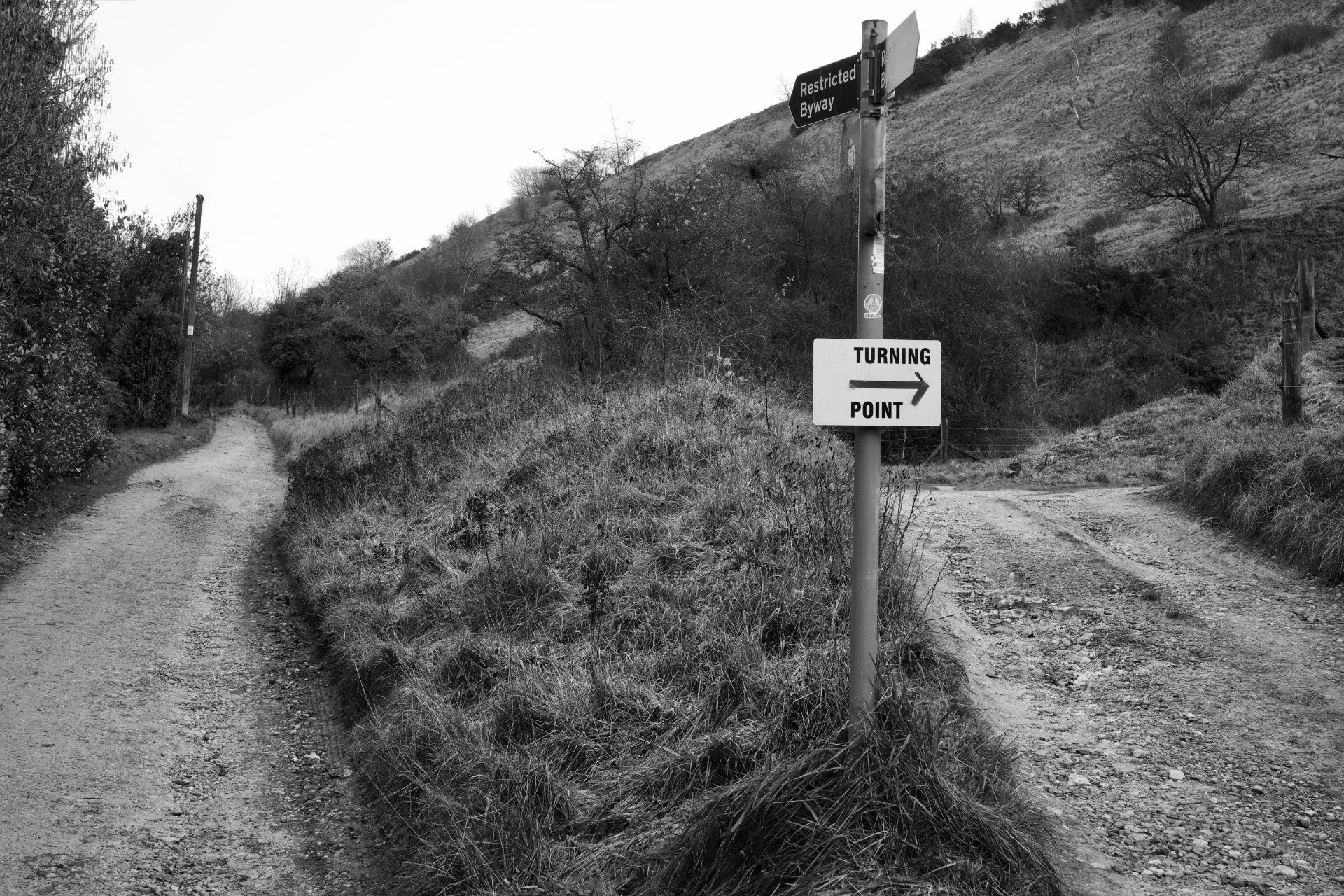 Splitsend pad met wegwijzers 'turning point' en 'restricted byway'. Keuze tussen schuld en schaamte.